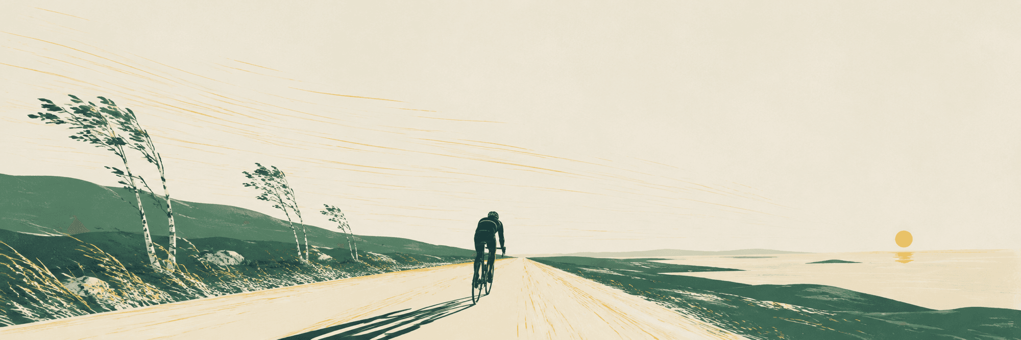 Gouache poster: a lone cyclist on an open coastal road, birches bent by the tailwind, a low sun over the sea